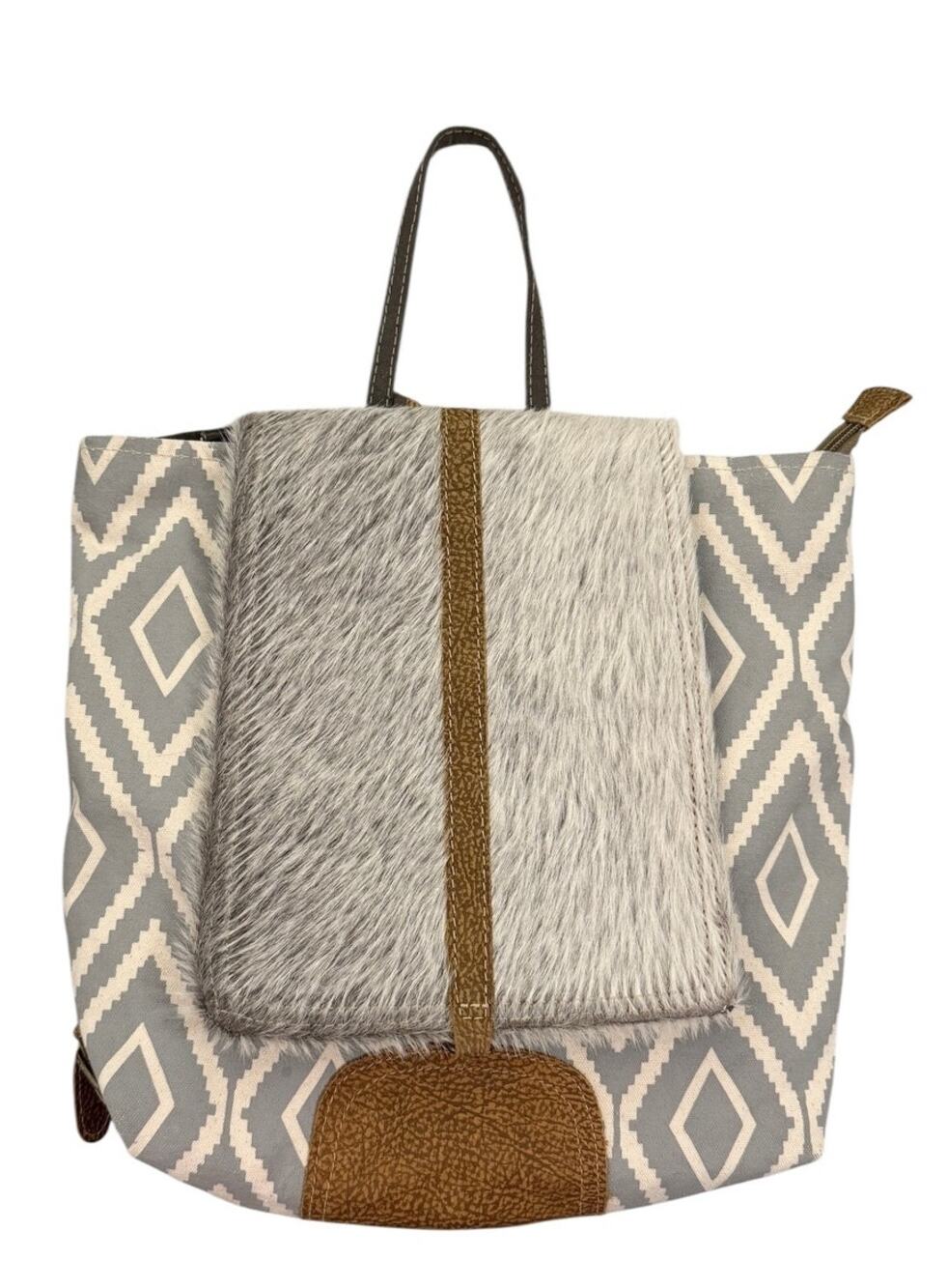 Myra Grizzle Cowhide Upcycled Canvas Chevron Backpack Leather Accents